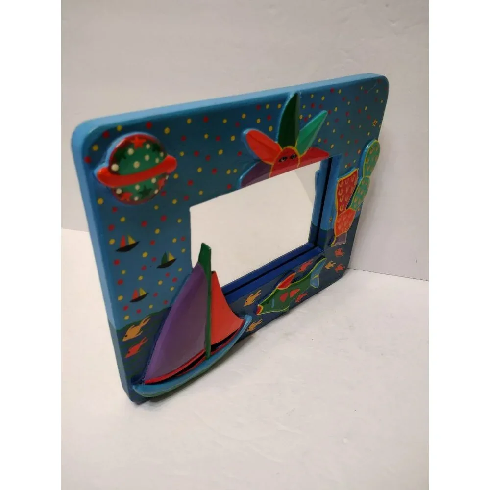 Hand Painted Wooden Folk Art Mirror, Miniature Colorful Wall Hanging Decor